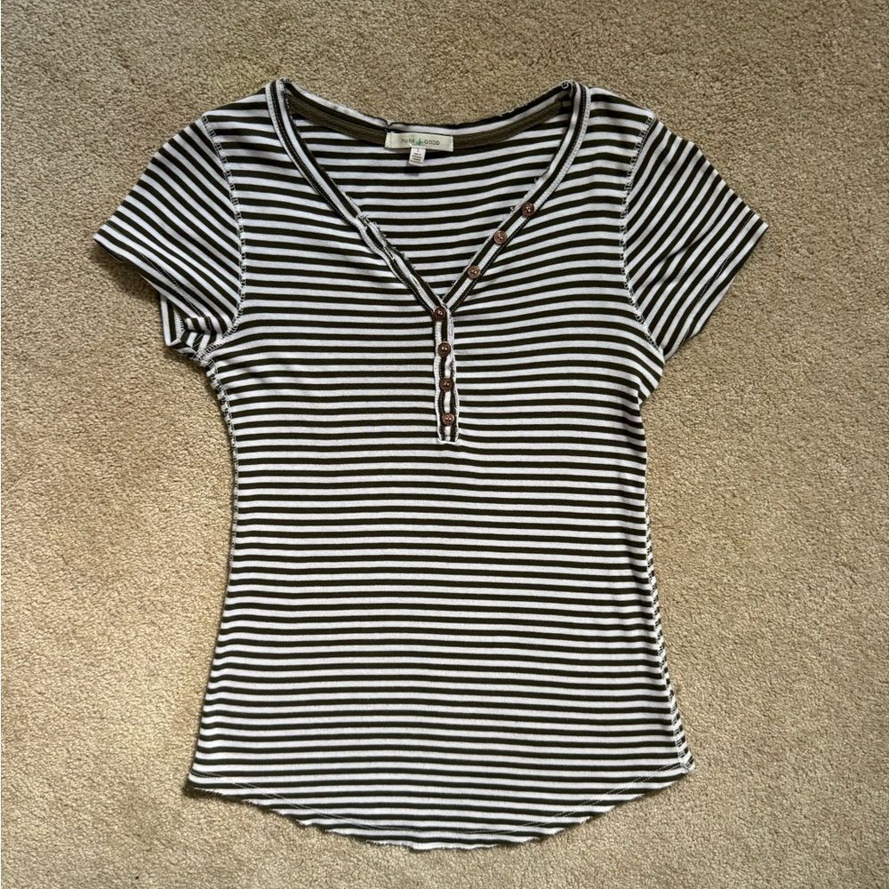 Green and White Striped V-Neck Tee